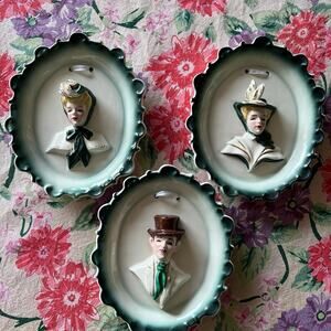 Set of 3 ceramic lady & gent wall decor